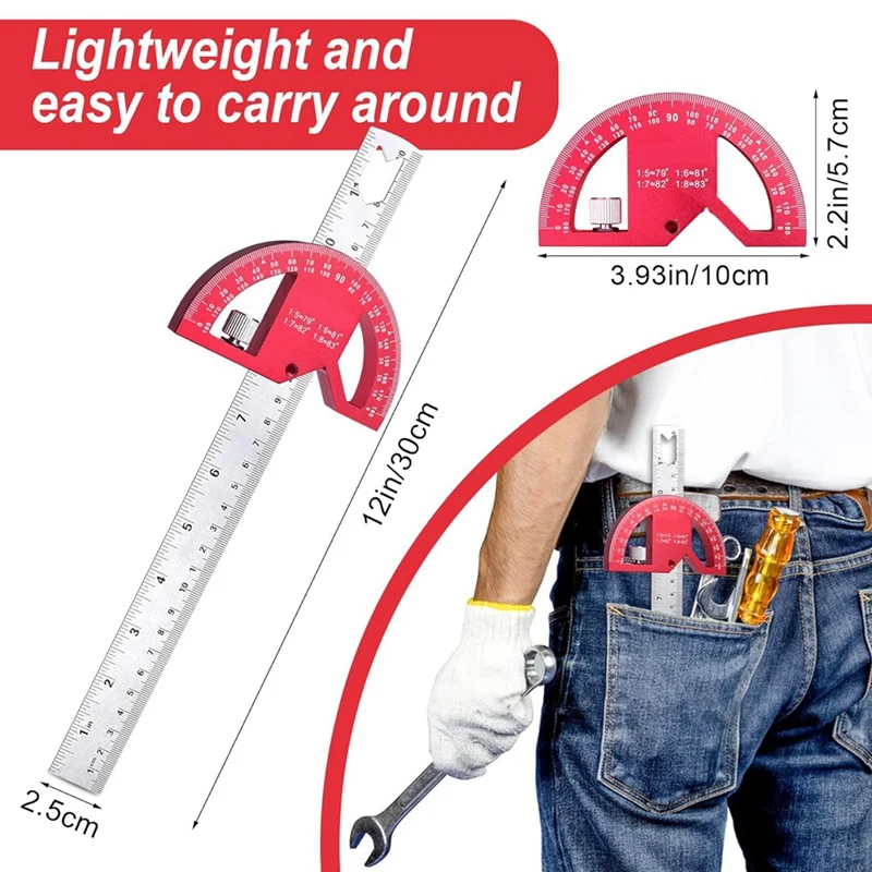Red Protractor Angle Finder Aluminum Angle Ruler-Protractor For Woodworking, Angle Measuring Tool With 0-180 Degrees