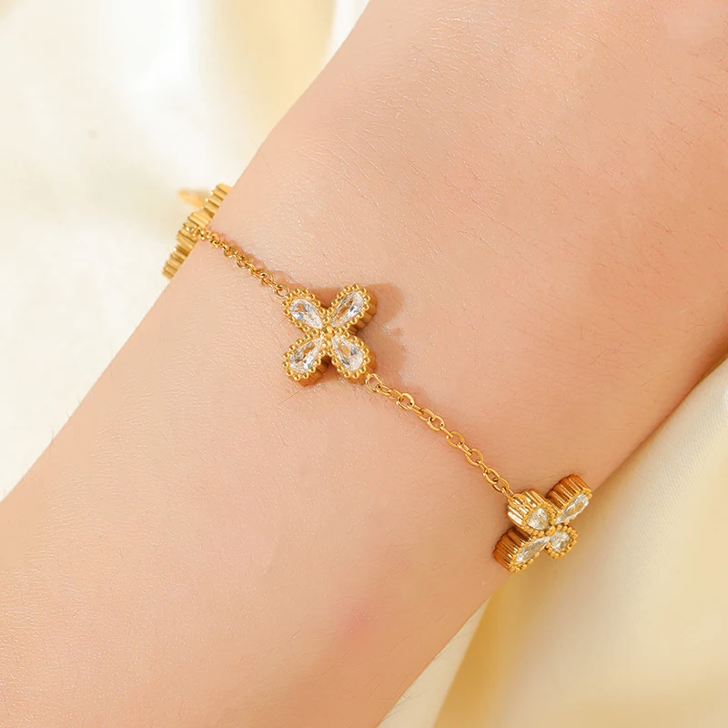 GANPUP 316L Edelstahl Blume Zirkonia Halskette Armband Ohrringe Set Statement 18K PVD vergoldet Stilvoller Schmuck Geschenk – Detail 12