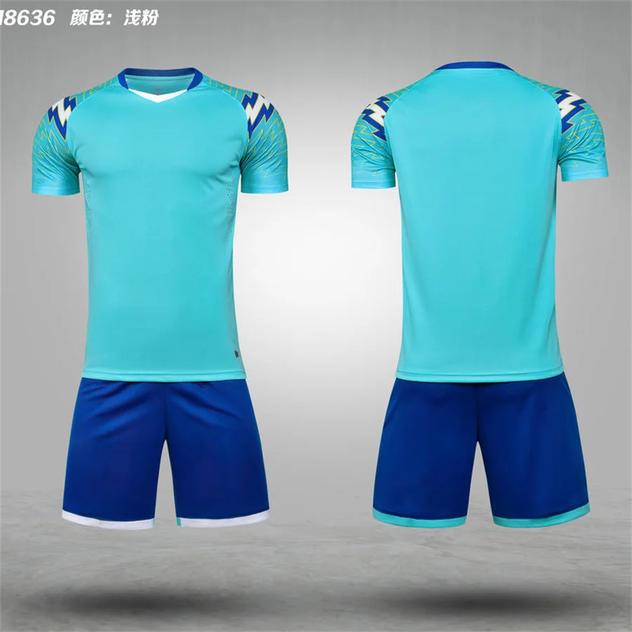 Custom camisa de futebol de manga curta e shorts conjunto, marca desgaste, azul, vermelho, branco, modelo 8636, 23-24, verão