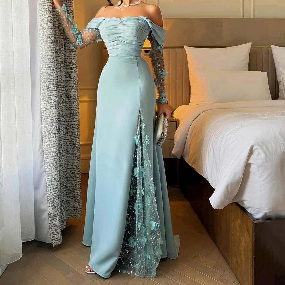 

Customized Mermaid Evening Dresses Floor-length Off The Shoulder Full Sleeve Prom Gown Fashion Flowers Sequined Pleat Party Gown