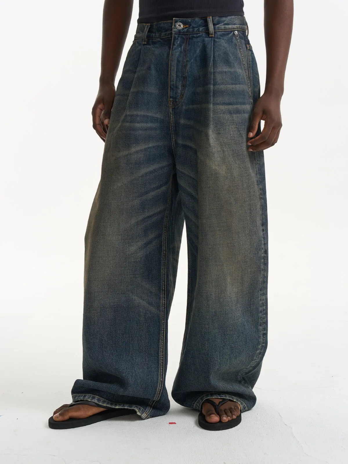 EXITMODE 26SS silhouette pinch-pleated retro washed loose casual wide-leg jeans