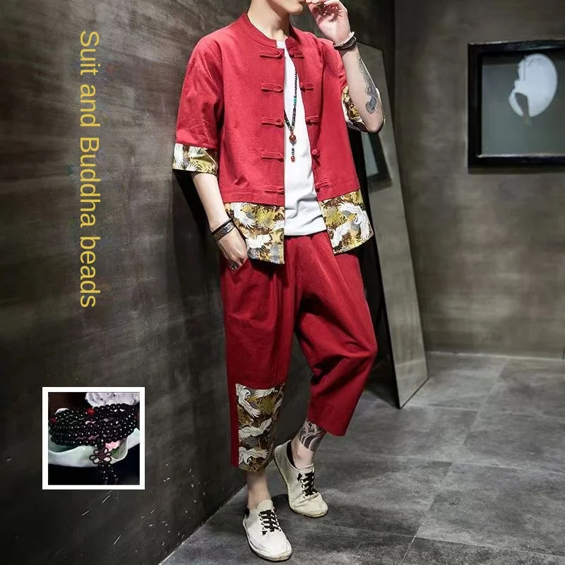 

Chinese Style Men's Youth Spring And Autumn Buckle Printing Splicing Tang Suit Two-Piece Cotton And Linen Chinese Style Set