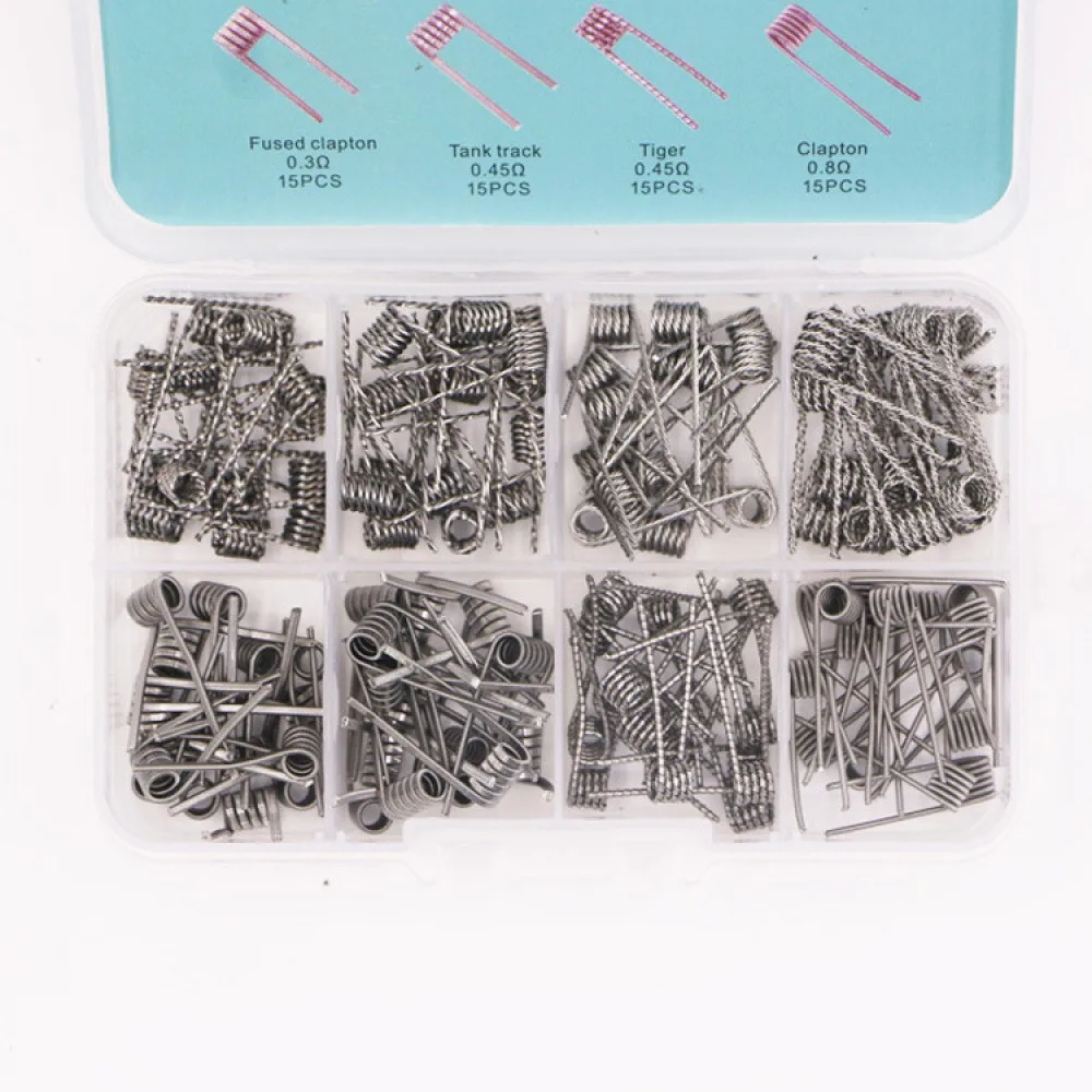 

120PCS 0.3Ω 0.45Ω 0.35Ω 0.5Ω 0.8Ω 8 Kinds of Coils Prebuilt Coil Kits 15PCS Each Prebuilt Coil Kits