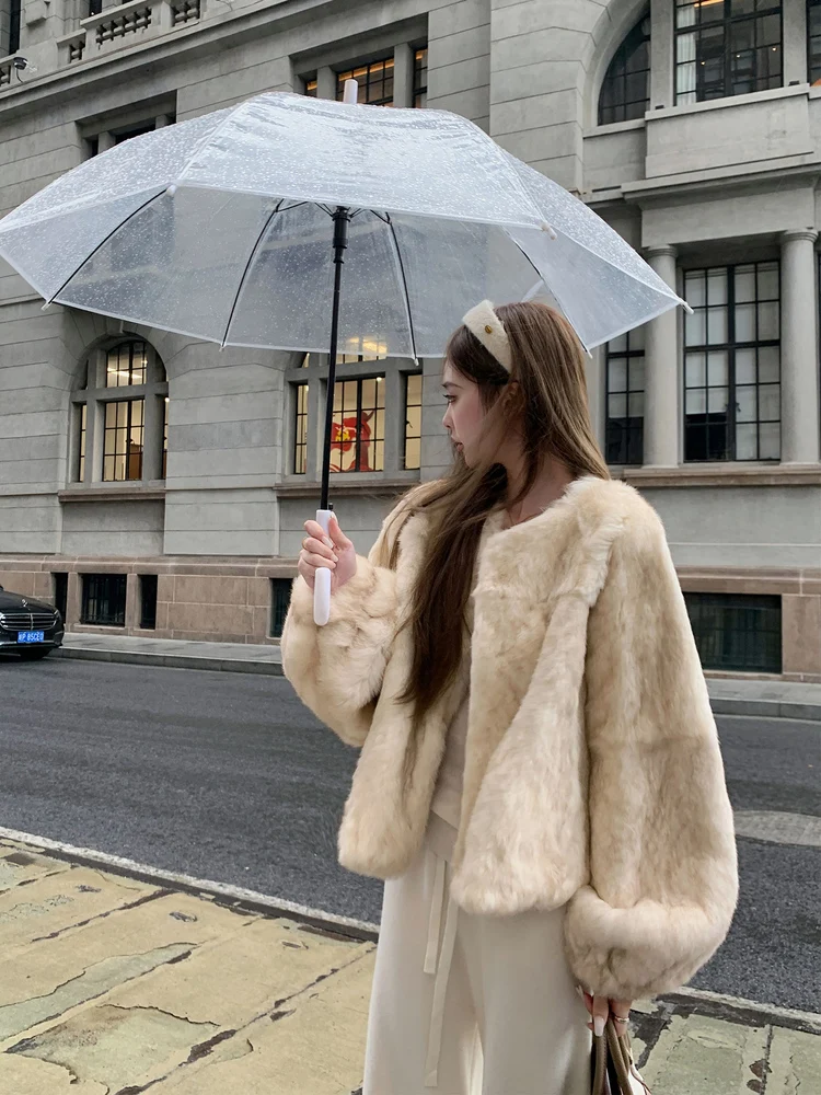 

Шуба из кроличьего меха GG Guire для женщин, круглая горловина, из цельных шкурок, зимняя новинка, роскошная, с длинными рукавами, утепленная верхняя одежда