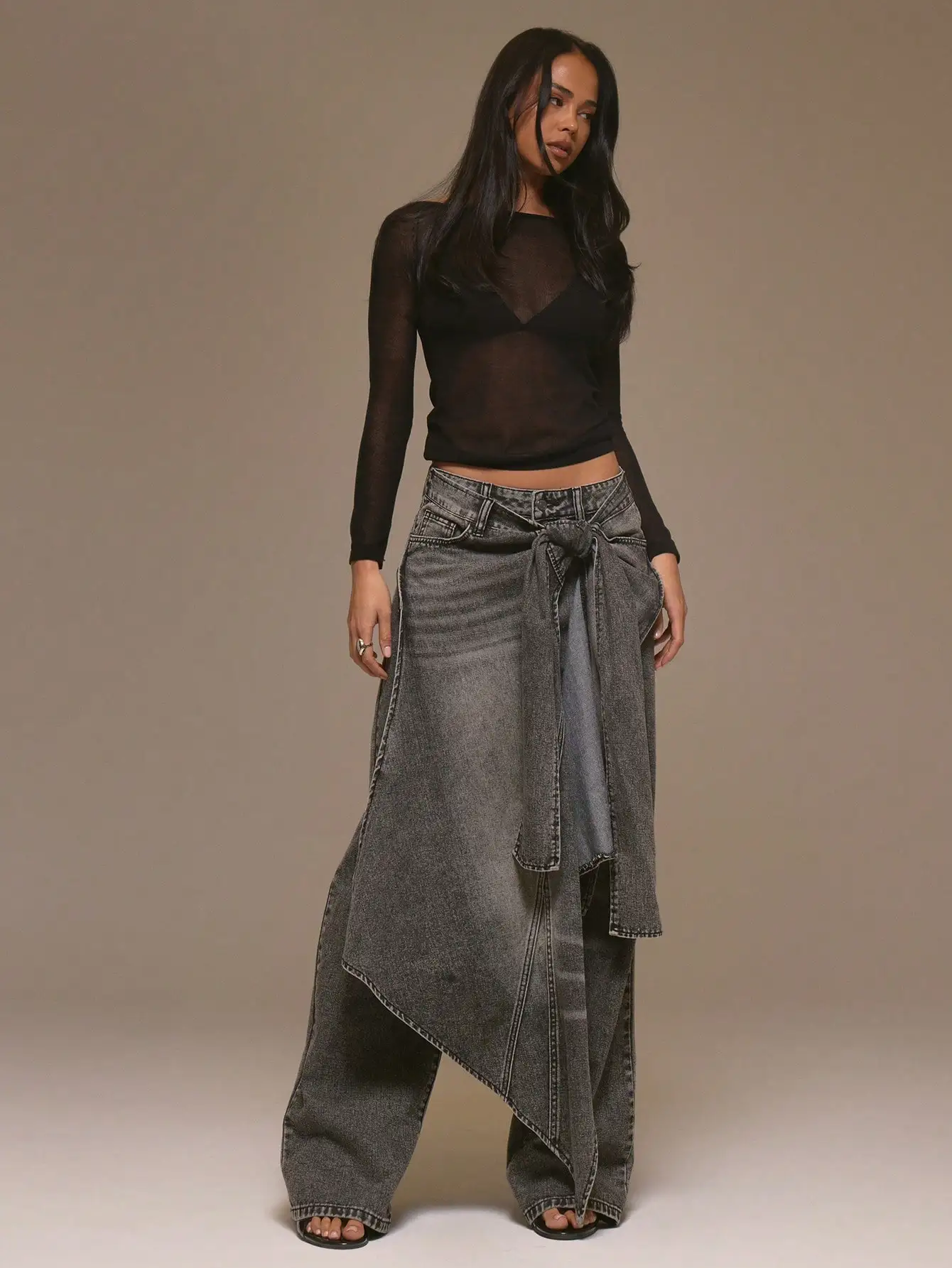 

Джинсовая юбка-трапеция с широкими штанинами и завязками на талии, в уличном стиле, осень-зима