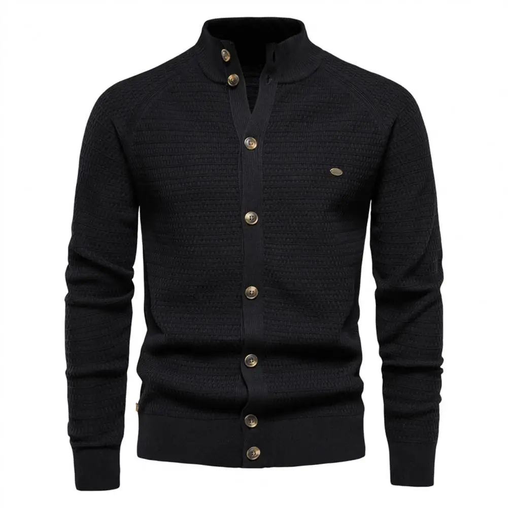 

Ribbed Cuffs Knitted Coat Solid Color Cardigan Stylish Men's Knitwear Slim Fit Single Breasted Cardigans with Stand for Autumn