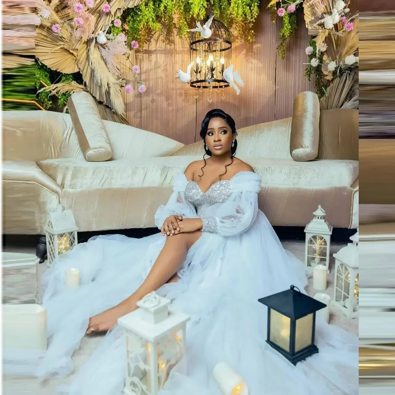 

Customized Romantic White Off Shoulder Wedding Dresses Sexy High Split Sheer Tulle Long Sleeve African Bridal Gowns Plus Size 20