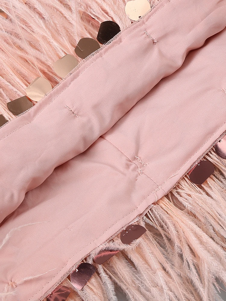 Sexy O Neck Long Sleeve Sequins Feathers Mini Dress Women Pink Glitter Sequin Backless Slim Dress Elegant Evening Party Club