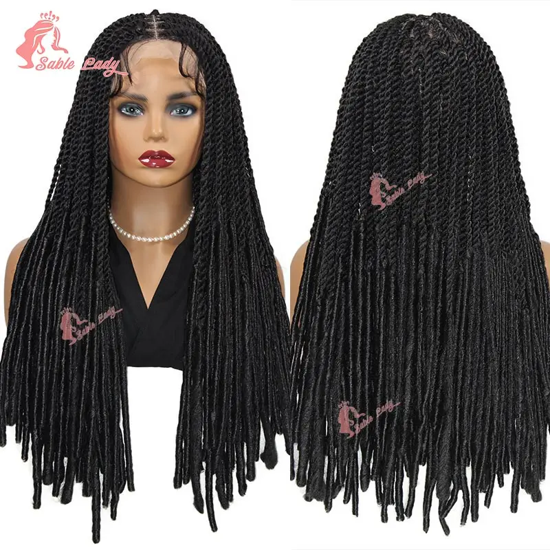 Sintético Knotless Full Lace Trançado Peruca para Mulheres Negras, Box Tranças, Lace Front Perucas, Borboleta Senegalesa, Twist Trança Peruca, 24"