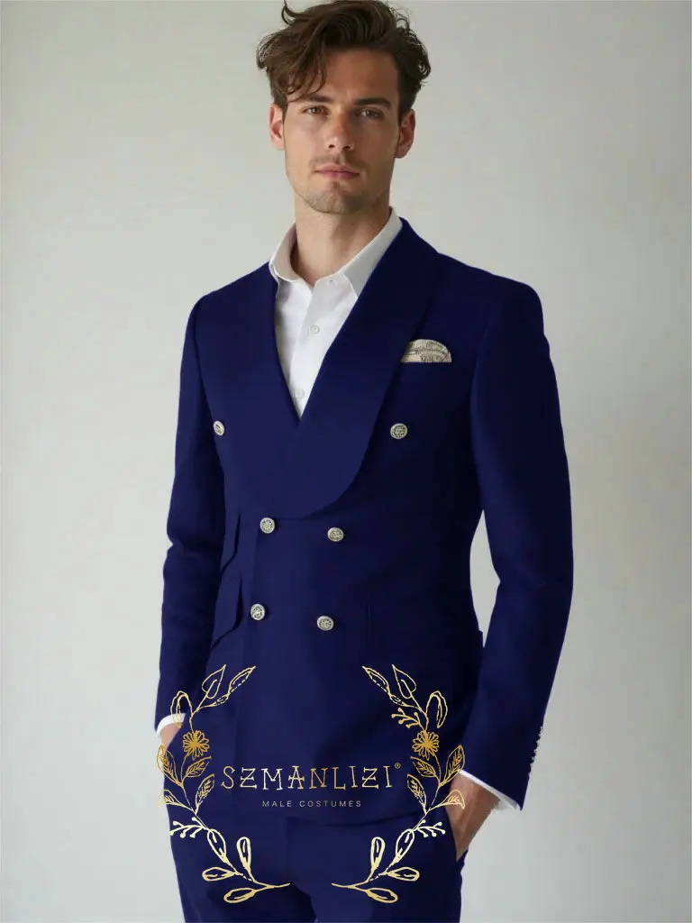 

Casual Navy Blue Double Breasted Wedding Men Suits Slim Fit Shawl Lapel Blazer Pants 2 Pieces Formal Business Groom Tuxedos