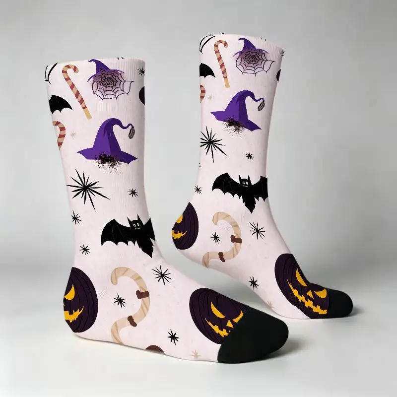 Blended Fabric Mid-Calf Socks, Novelty 3D Full Printed Halloween Graphic Socks, Funny Fashion Witch Hat And Bat Pattern
