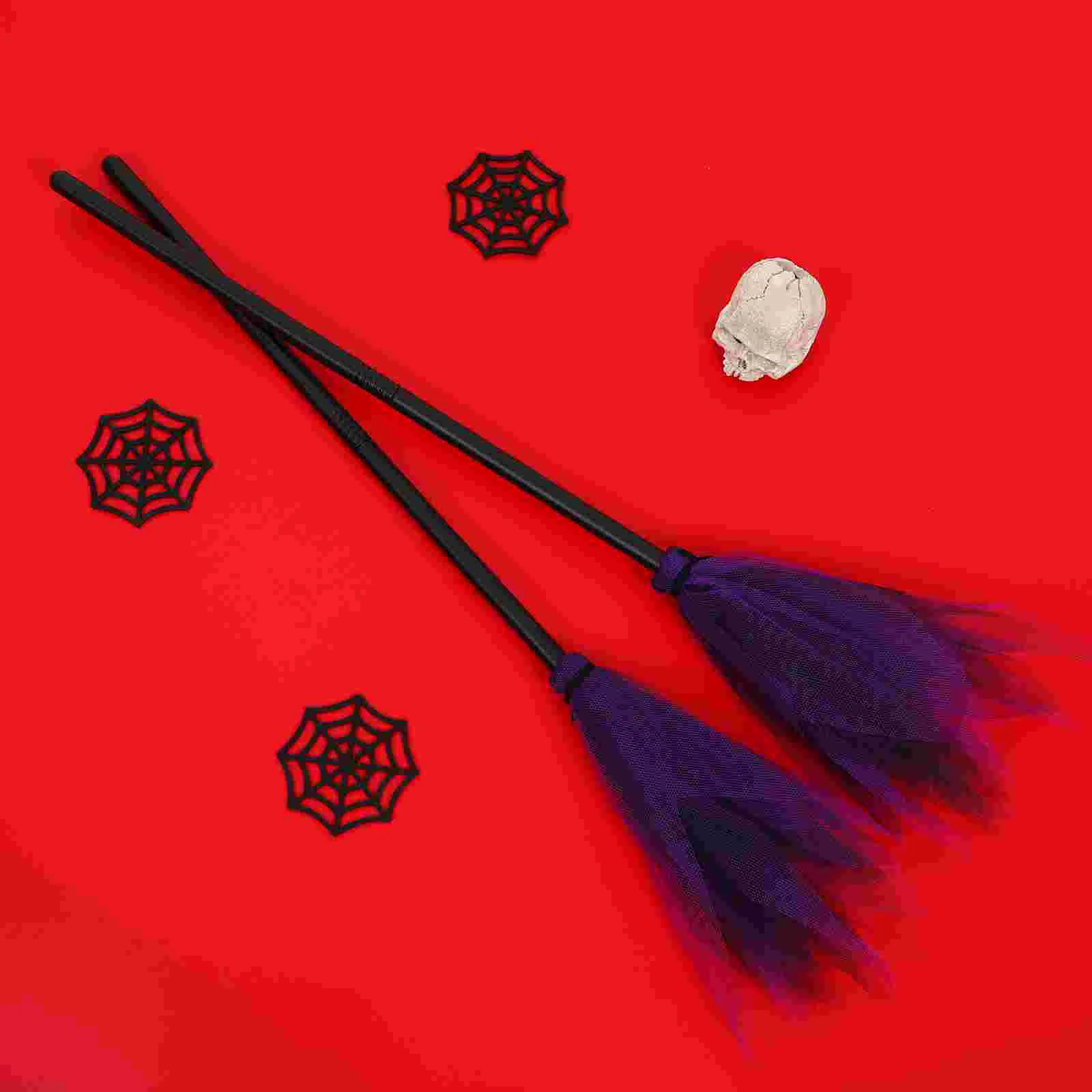 2 Pcs Witch Broomstick Halloween Red Tulle Ribbon Costume Decoration Prop Makeup Animated