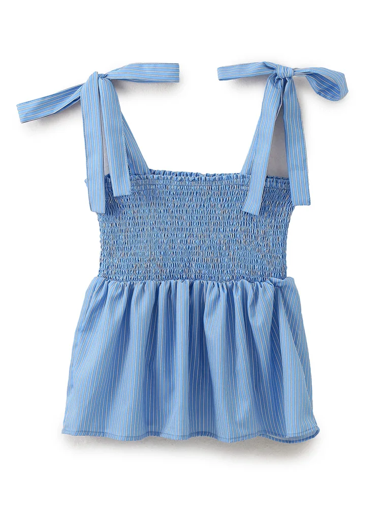 Striped Strappy Top Tie Bow Wide Strap Smocked Cute Top 2024 Fashion Women Clothing Sleeveless Vacation Casual Summer Tops