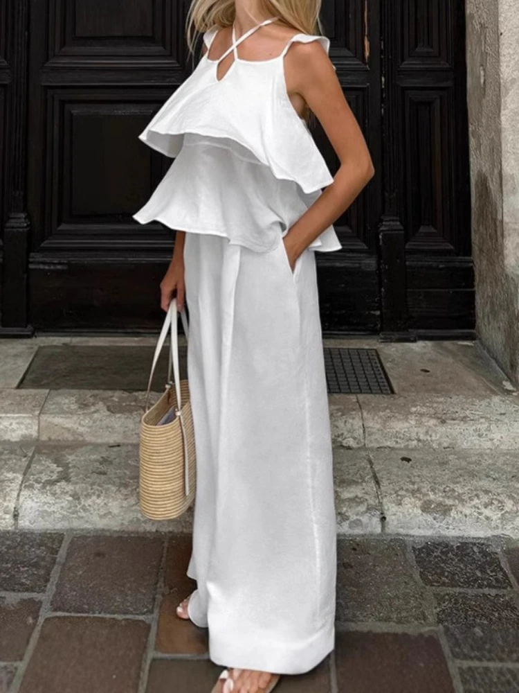 Summer New Fashion Loose White Cotton Women's Two Pieces Set Fashion Sleeveless Tank Top with High Waist Wide Pants Set Female