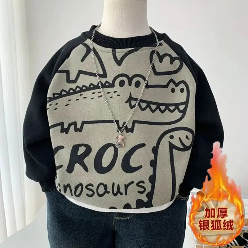 

2026 Winter Sweatshirt Boys Cartoon Dinosaur Children's Clothing Autumn Fleece Thickened Warm Top