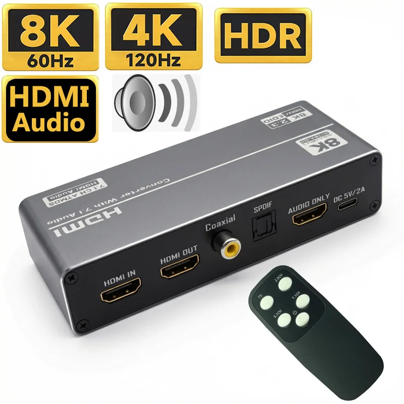 Konwerter audio HDMI 2.1 4K 120 Hz Konwerter audio HDMI 2.1 8K HDMI na HDMI Audio+Video+Digital Coaxial Audio+Aux Audio