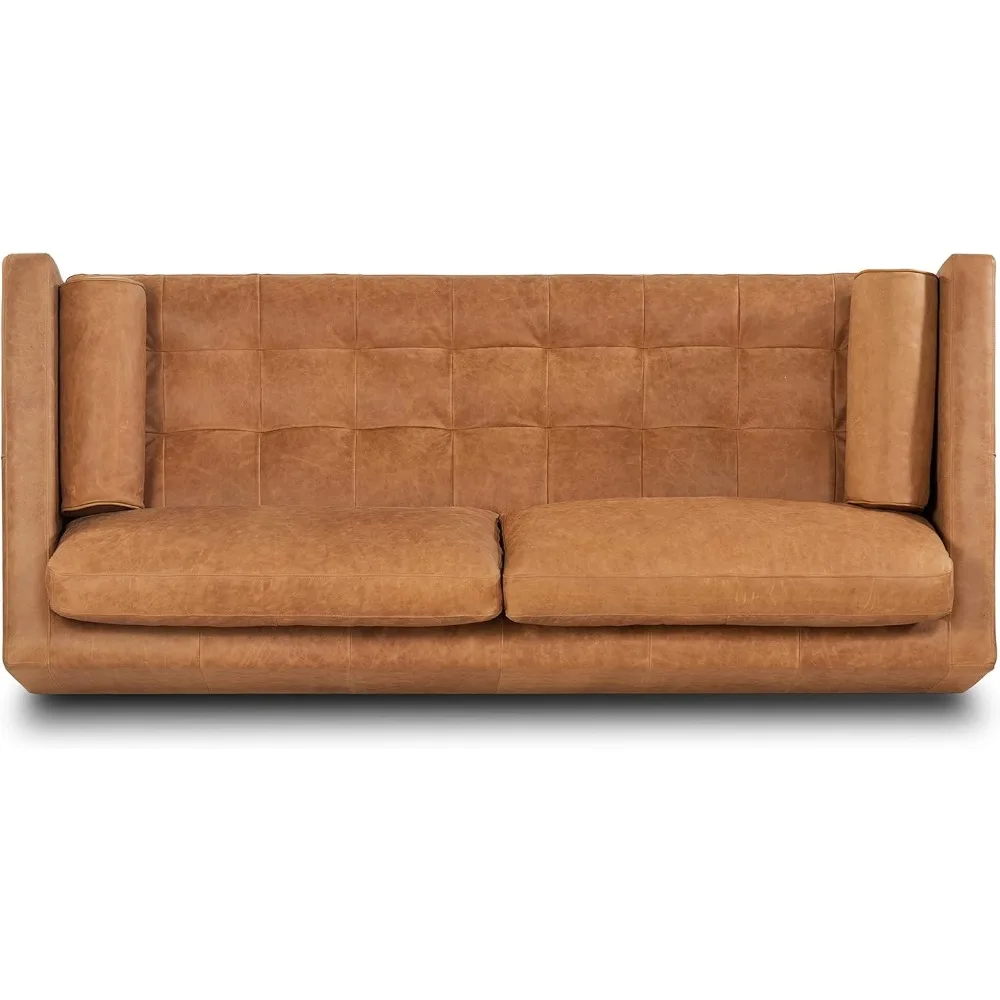 Leather Couch ,Mid Century Leather Sofa with 2 Bolsters - Full Grain Camel Leather Couch - Feather-Aniline Italian