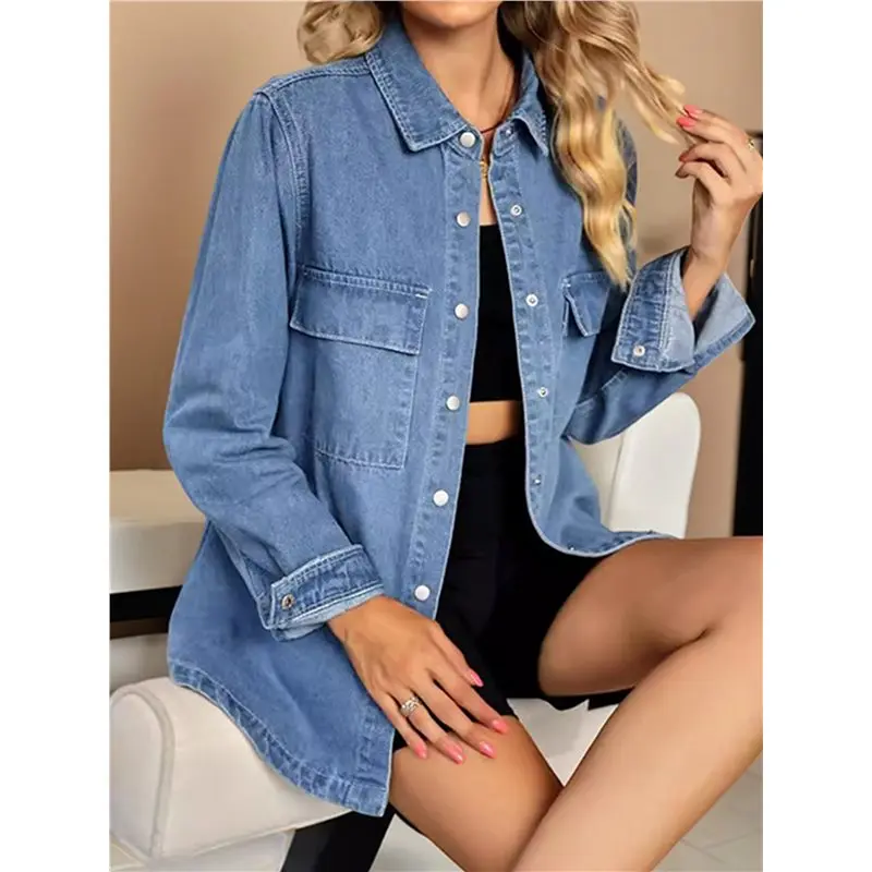 Giacca di jeans oversize da donna Camicie di jeans casual a maniche lunghe Giacca di jeans Distresse Abiti autunnali-LICG