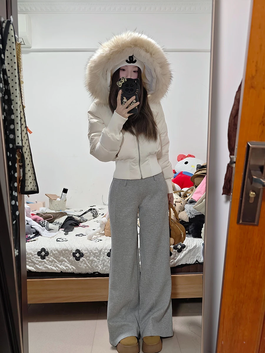 

Белое женское модное корейское пальто на молнии с застежкой-молнией, облегающее зимнее пальто с высокой талией и меховым воротником, теплое Thiened