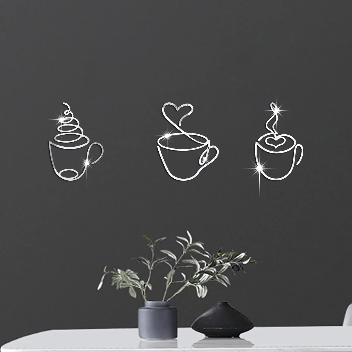 

New Creative Coffee Cup Decoration Self-adhesive 3D Mirror Face 1mm Acrylic Wall Stickers Restaurant Wall Decor Stickers