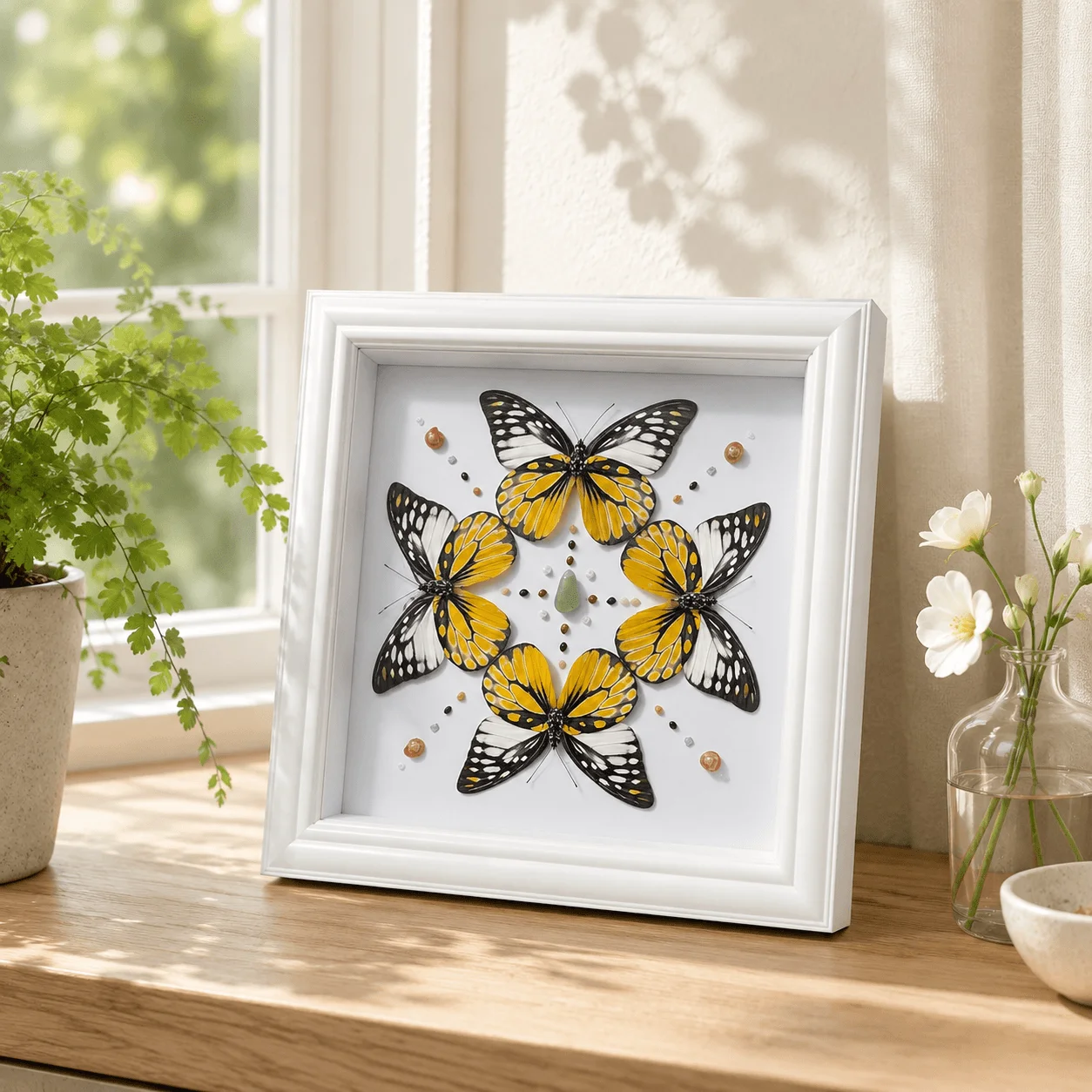 Delias Butterfly Framed Box, Symmetrical Hand Arranged Art with Natural Stone, 7 Inch Square Frame for Decor & Gift