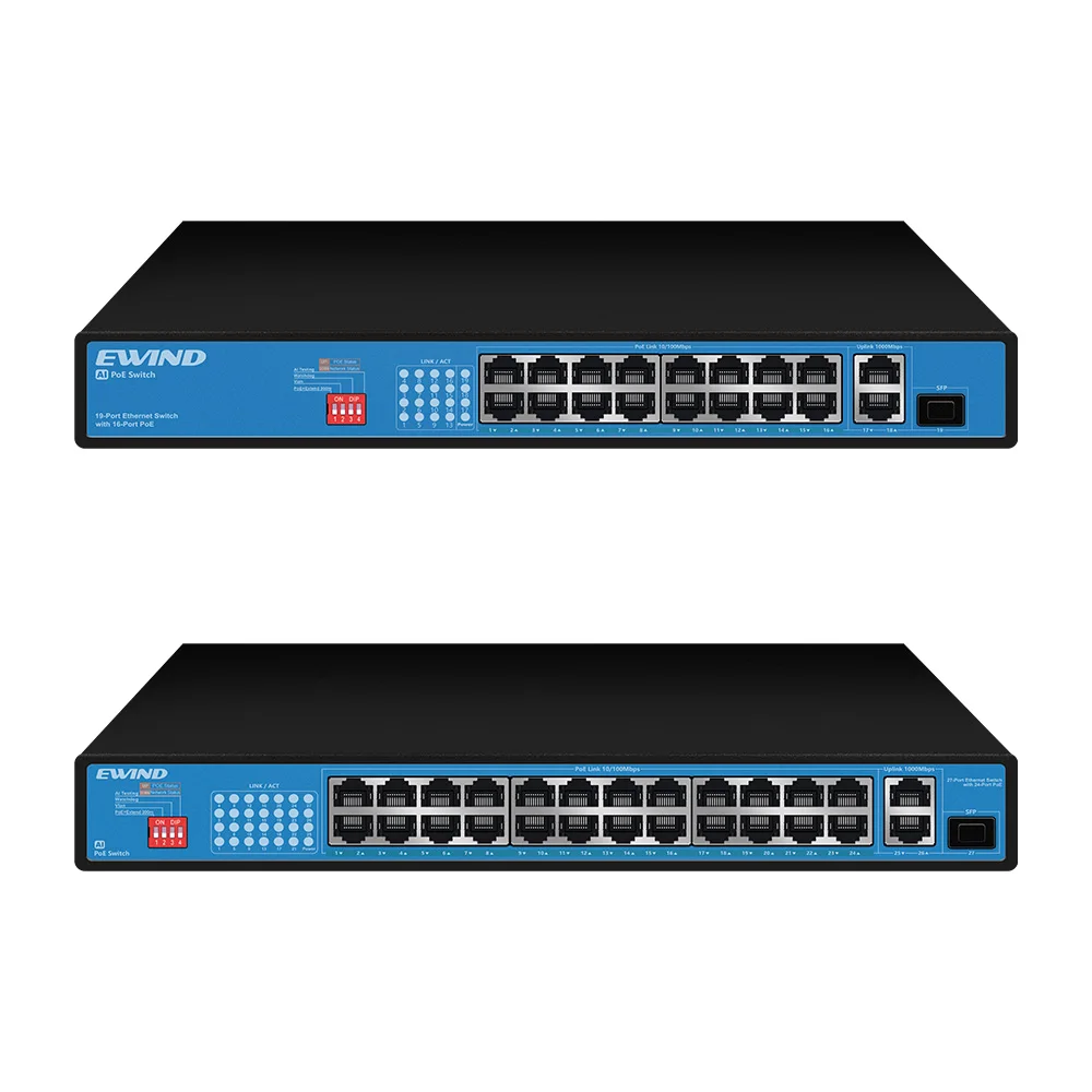 EWIND Fast POE Switch 16/24 Ports 100M Ethernet Switch with 2 1000M Uplink RJ45 Ports and 1 100/1000M SFP Slot AI Smart Switch