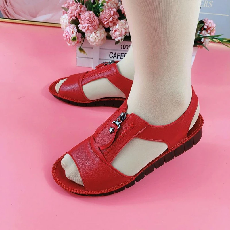 Women Pu Leather Sandals Comfort Summer Zipper Flat Solid Color Plus Size Comfy Sandalias Fashion Sandalias De Mujer