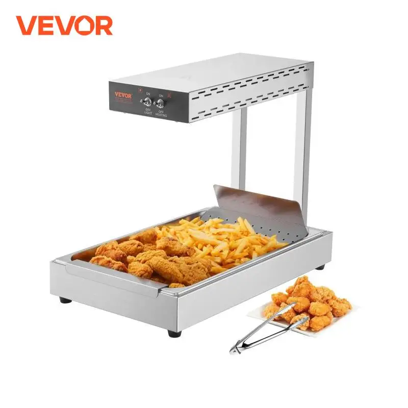 VEVOR Calentador de Bandeja de Patatas Fritas de Acero Inoxidable 20 L Lámpara de Calentador de Alimentos con Tira Comercial 750 W Estación