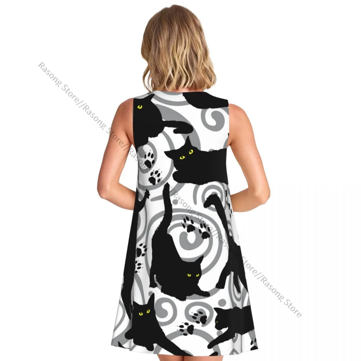 レディースドレス黒猫柄夏カジュアルTシャツビーチカバーアップタンクドレス