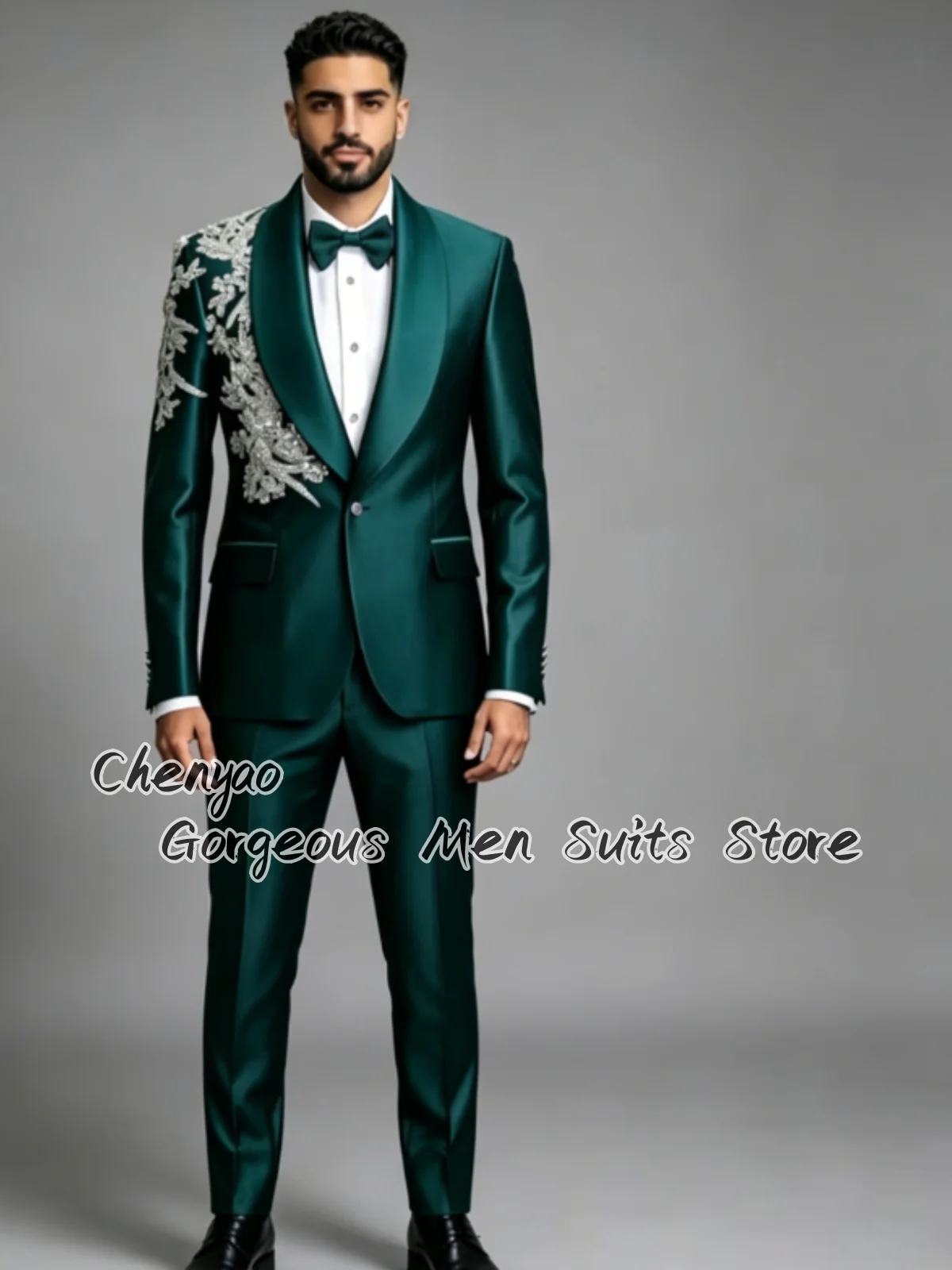 

Shiny Satin Floral Embroidery Men Suits Customized Groom Tuxedos Elegant Male Prom Blazers 2Pcs Sets Prom Business ropa hombre