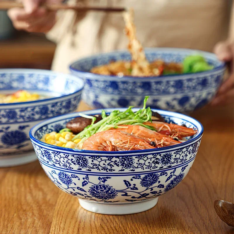 Ceramic Bowl Korean Blue and White Porcelain Tableware Large Noodle Bowl Japanese Retro Soup Bowl Home Kitchen Supplies