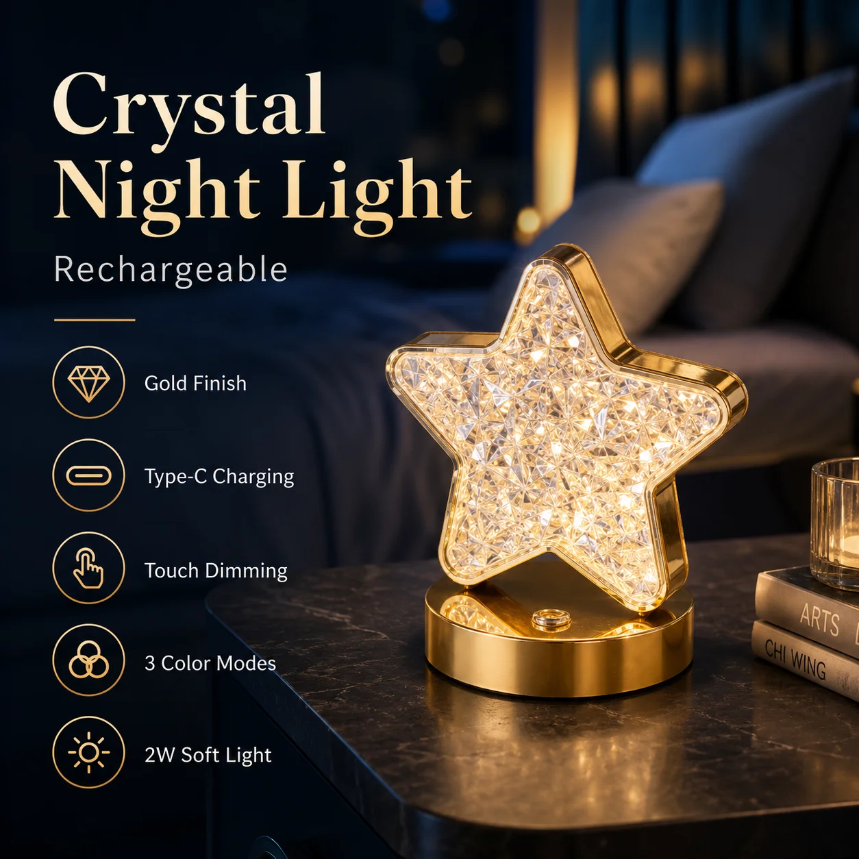 

USB Crystal Night Light 3 Colors Dimming Touch Control Night Lamp for Kid Bedroom Living Room Led Starry Moon Table Lamp Decor