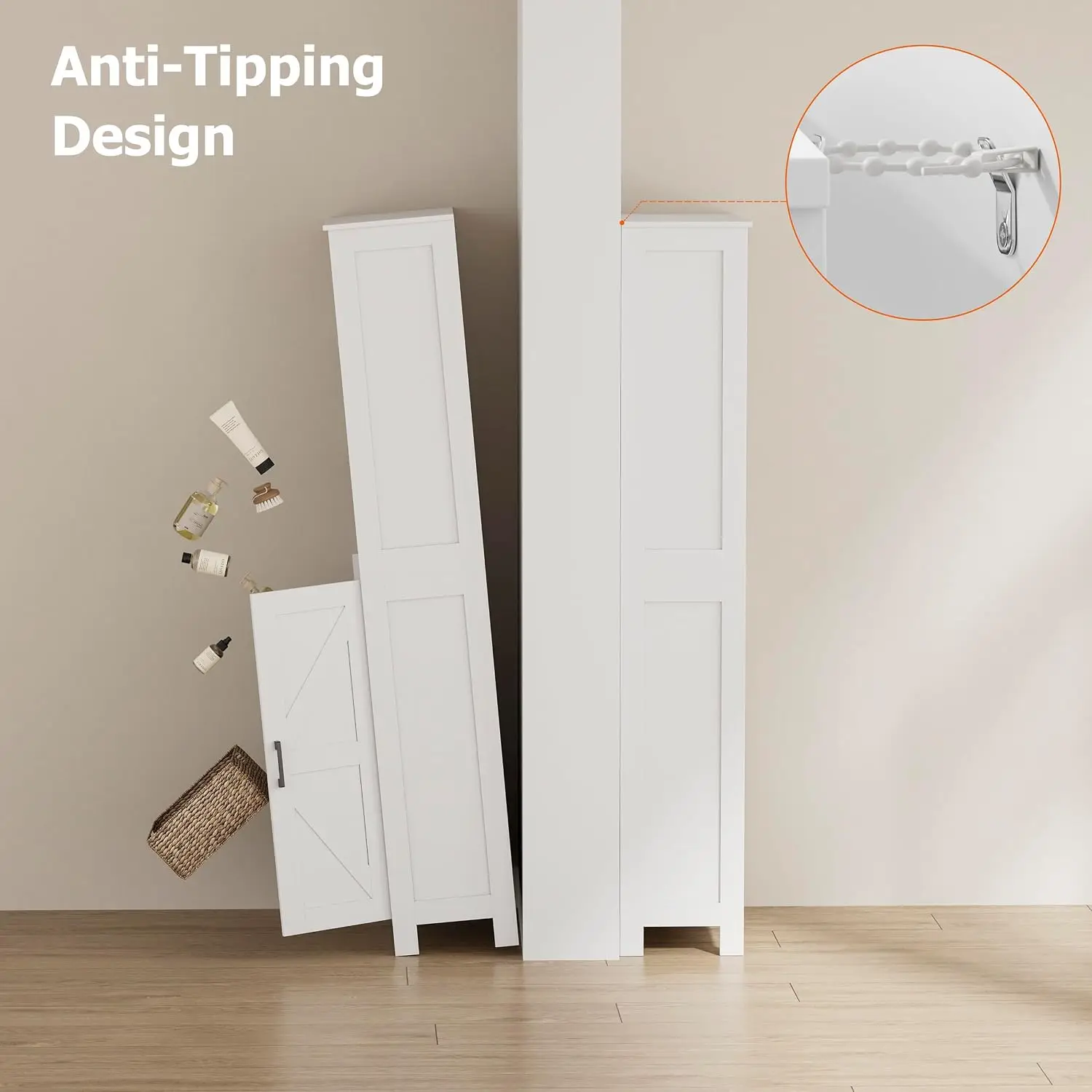 Tall Bathroom Storage Cabinet, Freestanding Floor Linen Tower Organizer With Adjustable Shelves And Double Doors, Farmhouse Pantry Cupboard Rack For Living Room Laundry Room, White view 5