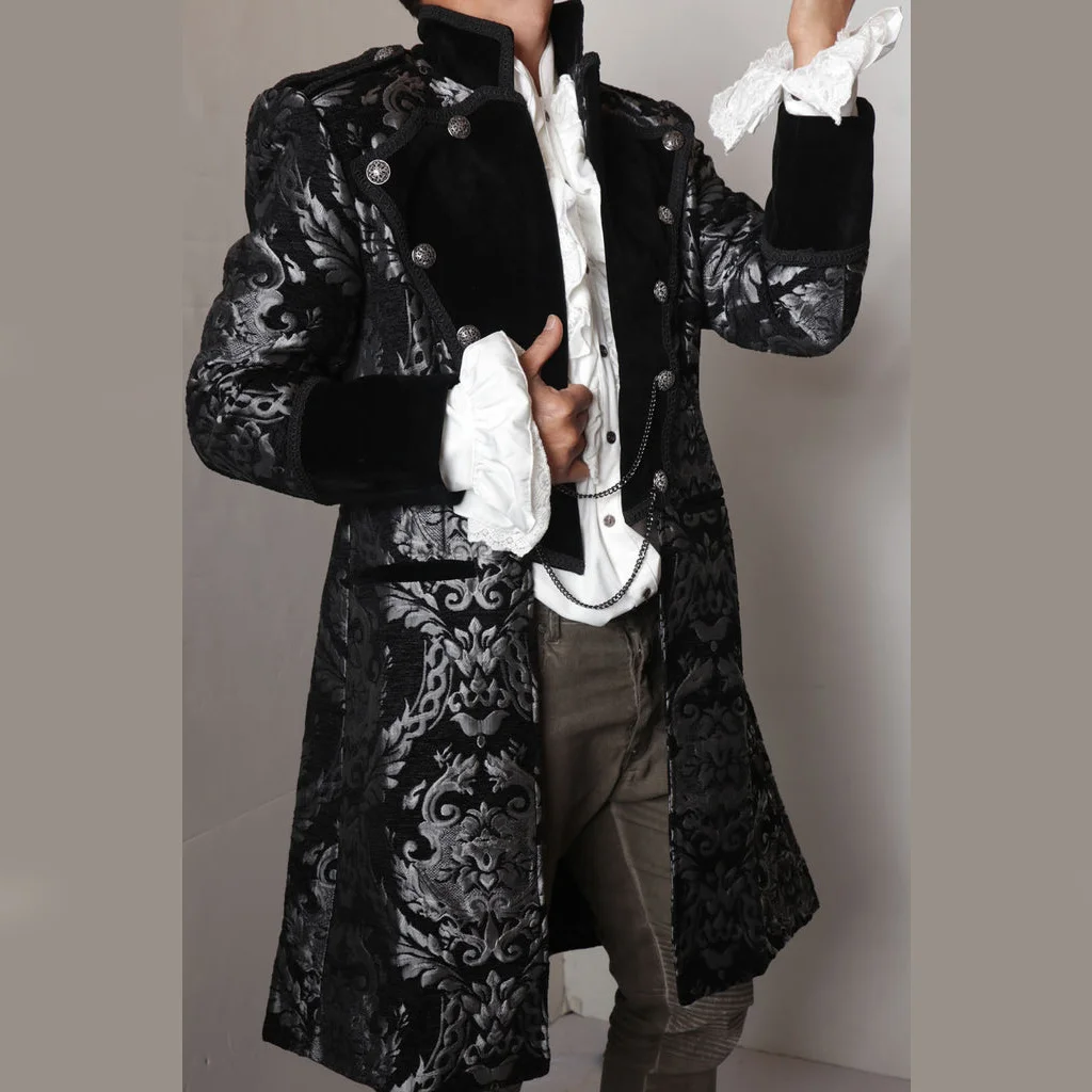 Men’s Renaissance Victorian Gothic Brocade Jerkin Coat Colonial Pirate Captain Trench Coat Gothic Vampire Costume Jacket Custom