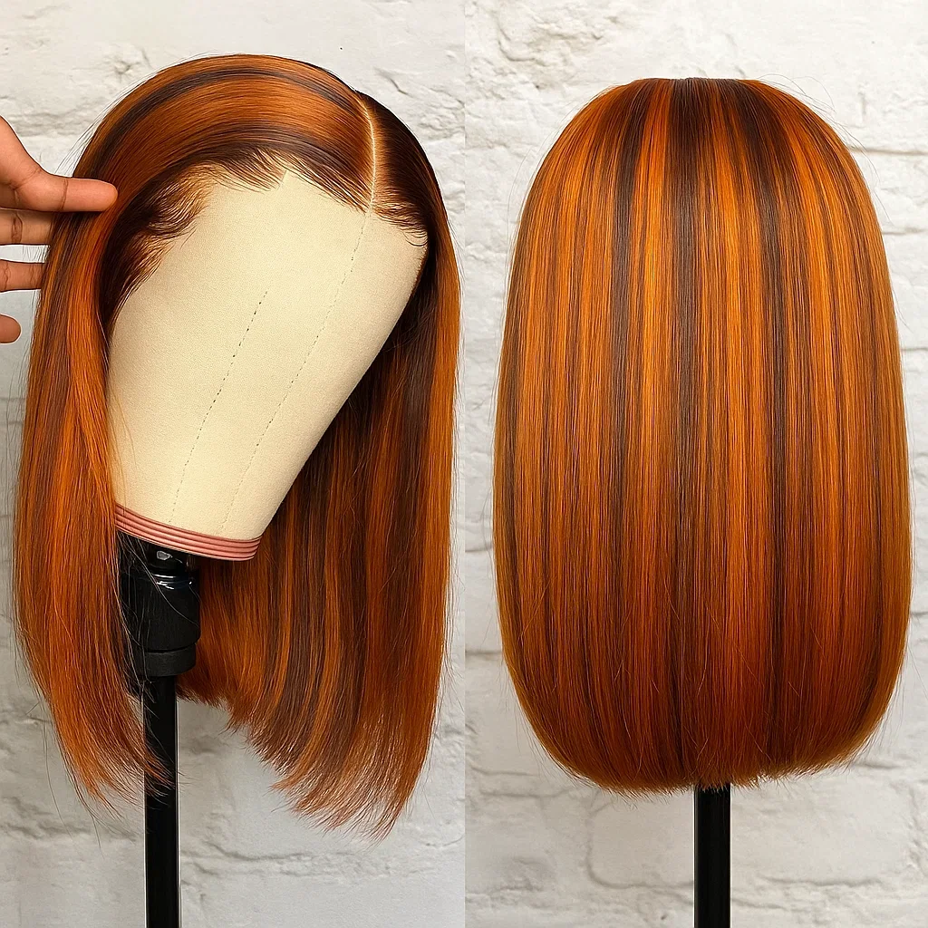 

# 4/350 No Silk No Glue Highlight Wigs 13x4 Кружевные фронтальные парики Ombre Ginger с коричневой костью Прямые бесклеевые парики 5X5 Bob