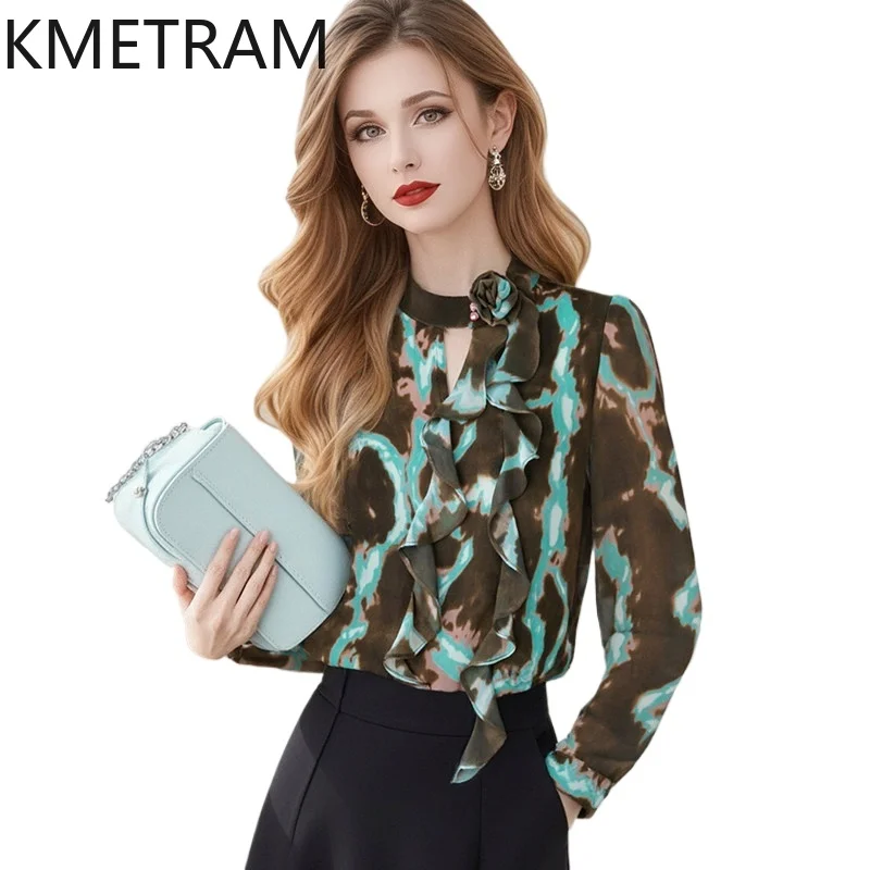 

Женская блузка KMETRAM с принтом, модная, с рюшами, длинным рукавом, винтажная, с V-образным вырезом, весенняя, элегантная, 2026