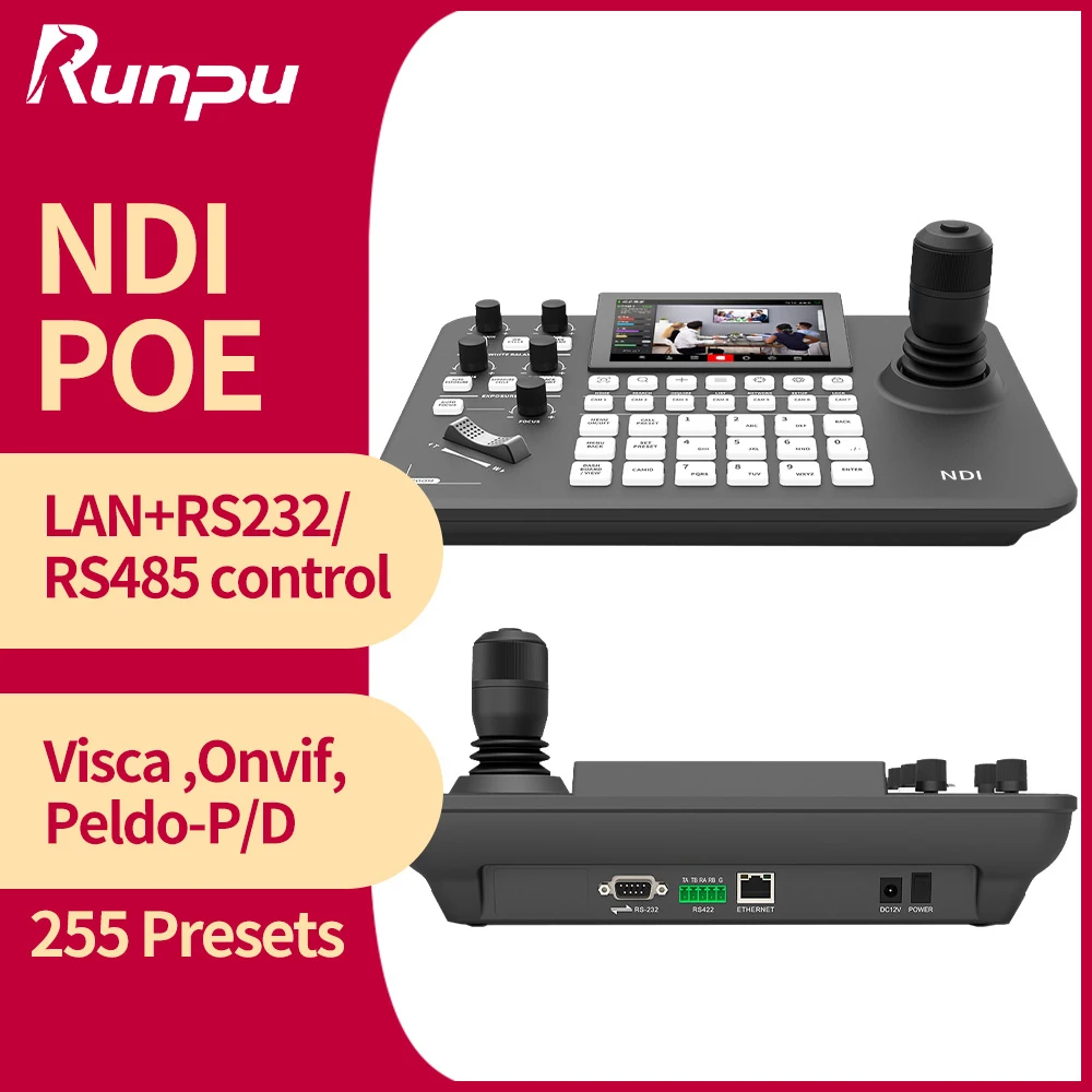 

NDI PTZ Camera Joystick Controller 7’’ LCD Screen Real-time Preview 4D Joystick PTZ Controller Support POE Visca Onvif for Churc