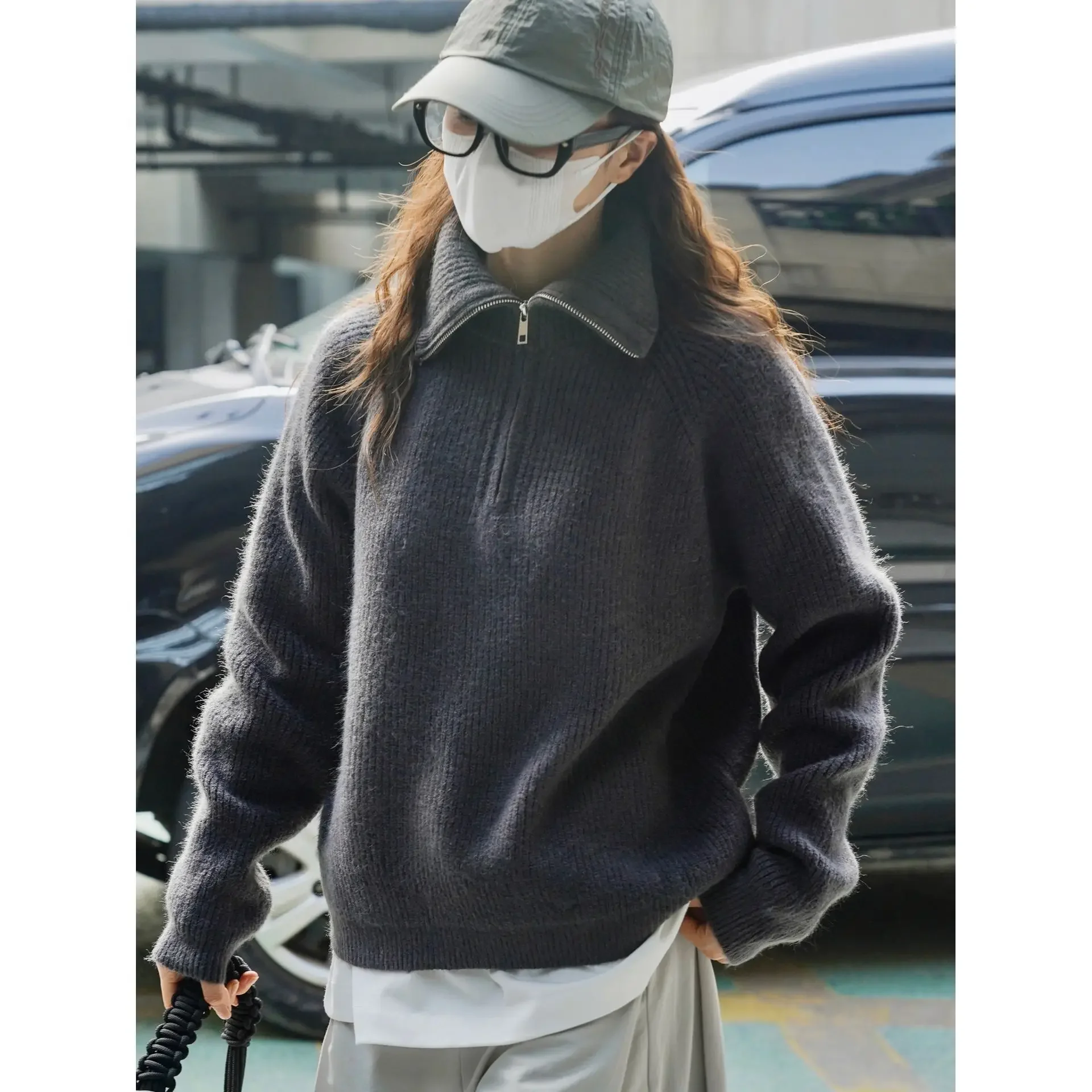 Winter new Korean style lazy half-breasted warm silhouette sweater casual loose soft and comfortable top for women