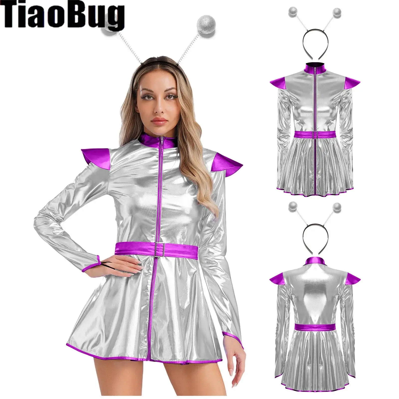 

Womens Metallic Alien Astronaut Cosplay Dress with Hair Hoop Front Zipper Shiny A-line Dress for Halloween Space Themed Party