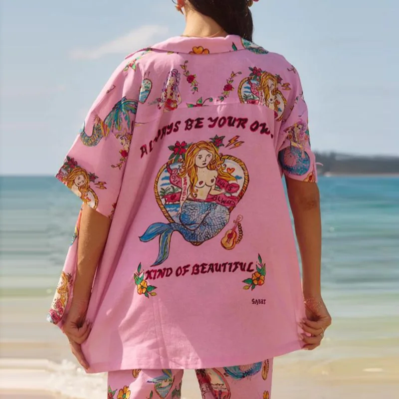 

Casual Lapel Short Sleeve Shirt & Long Pant Sets Summer New Loose Women Vacation Suit Spring Vintage Pattern Print Beach Outfits