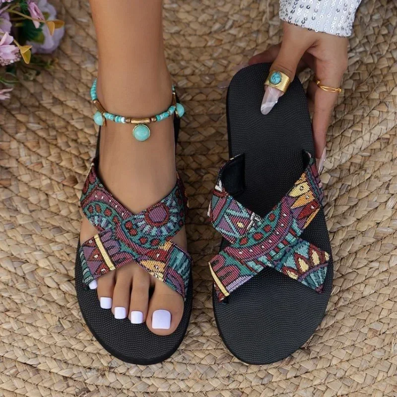 Women Print Flats Slippers Shoes 2024 Summer Open Toe Sandals Female Fashion Slingback Flip Flops Shoes Brand Mujer Beach Slides