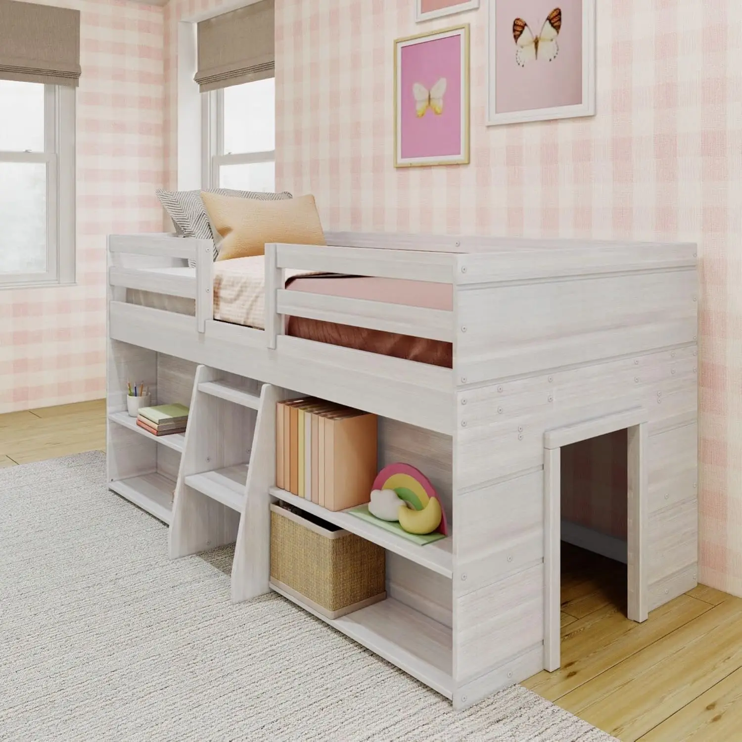 

Lily Modern Farmhouse Low Loft Bed, Twin Bed Frame for Kids with 2 Bookcases, White Wash