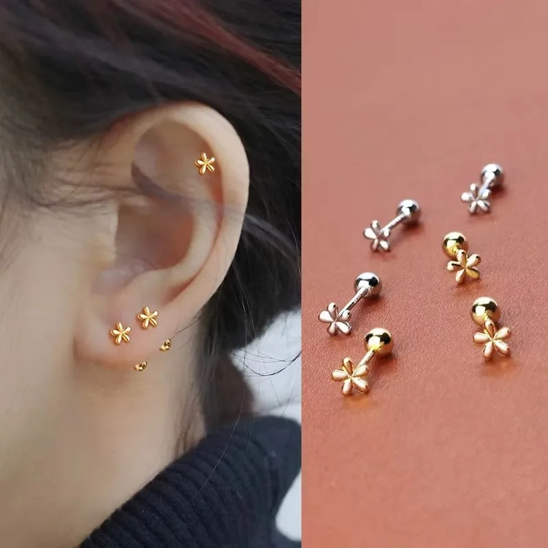 New Fashion Simple Stainless Steel Golden Flower Small Stud Earring For Women Girl Tiny Screw Back Piercing Accessories Gifts