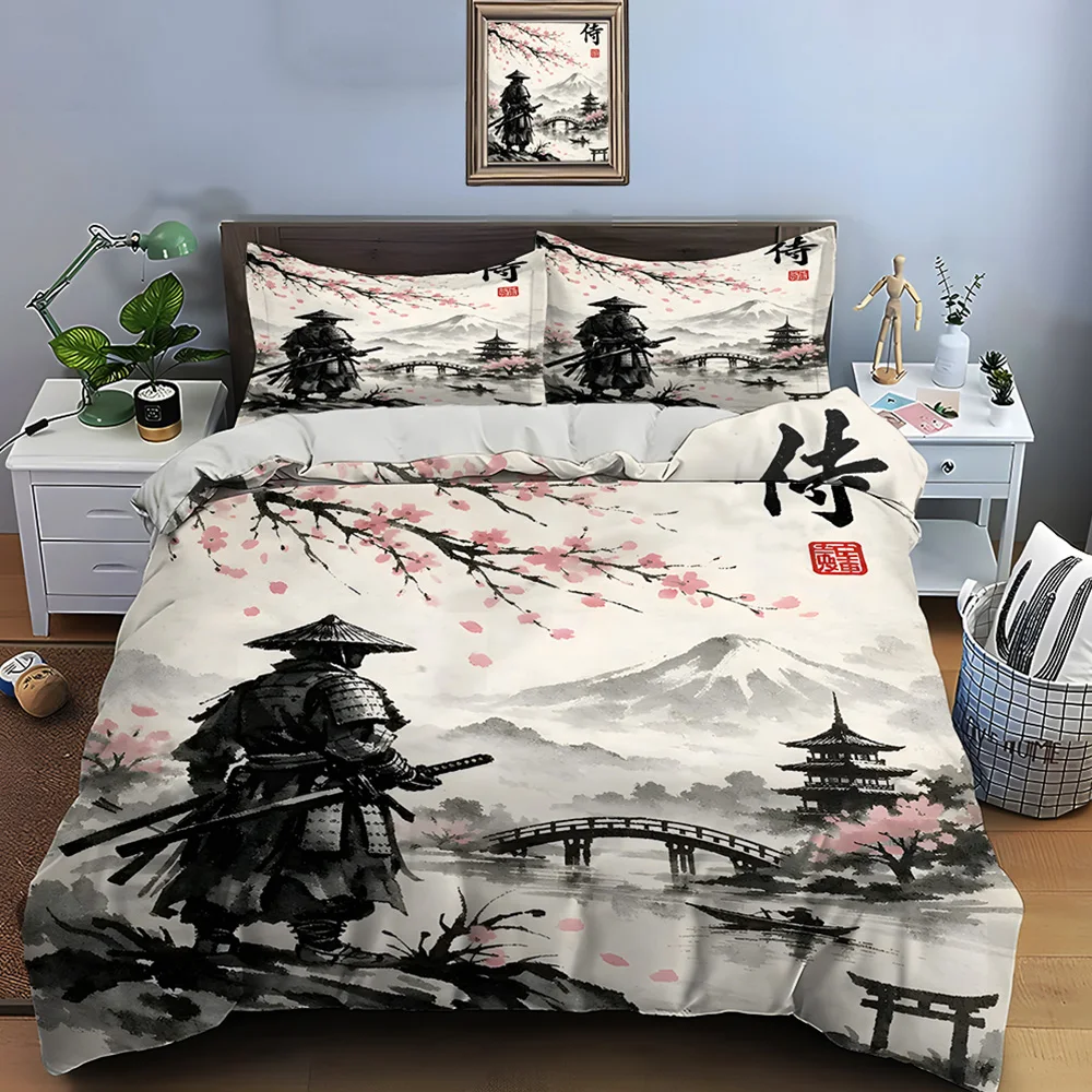 Samurai with cherry blossoms landscape Bedding Set for Kids Luxury Gift 3pcs Digital Print Comforter Set Soft Comfortable