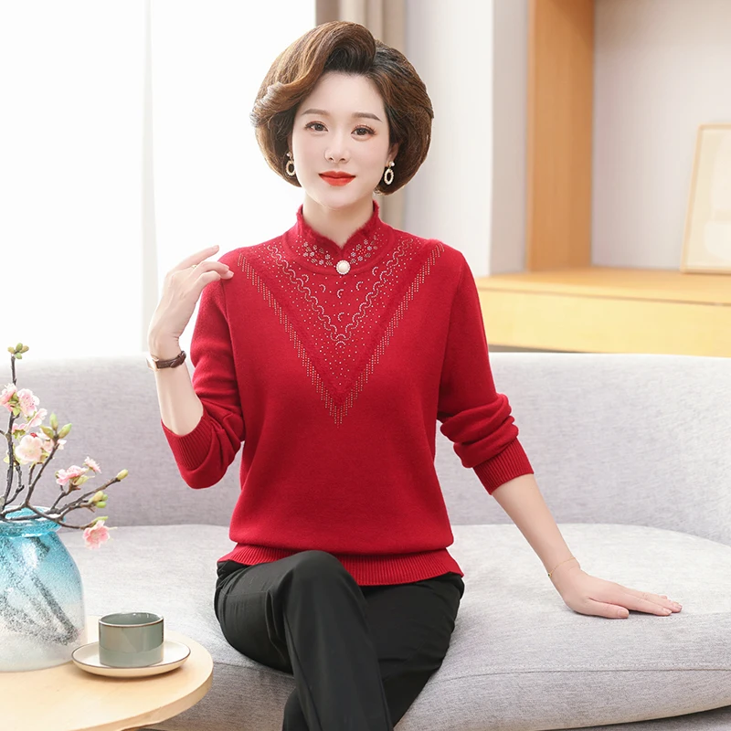 Women's Cashmere Wool Sweater Elegant Knitted Pullovers High End Middle-aged Women Half Turtleneck Jumper Fashion Spring Autumn