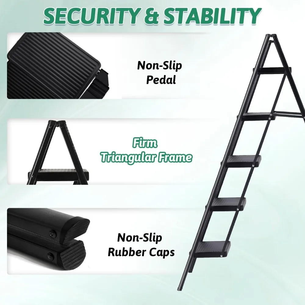 سلم قابل للطي بـ 5 خطوات شديد التحمل، سعة 330 رطل، سلم مطبخ وخزانة طويل للبالغين، للاستخدام الداخلي، سلم لسلامة المنزل
