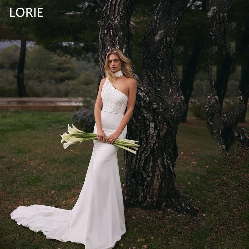 

LORIE Satin Sheath Mermaid Wedding Dress Sexy Sleeveless Ivory Bridal Dresses One Shoulder Pleat Wedding Gown Customized