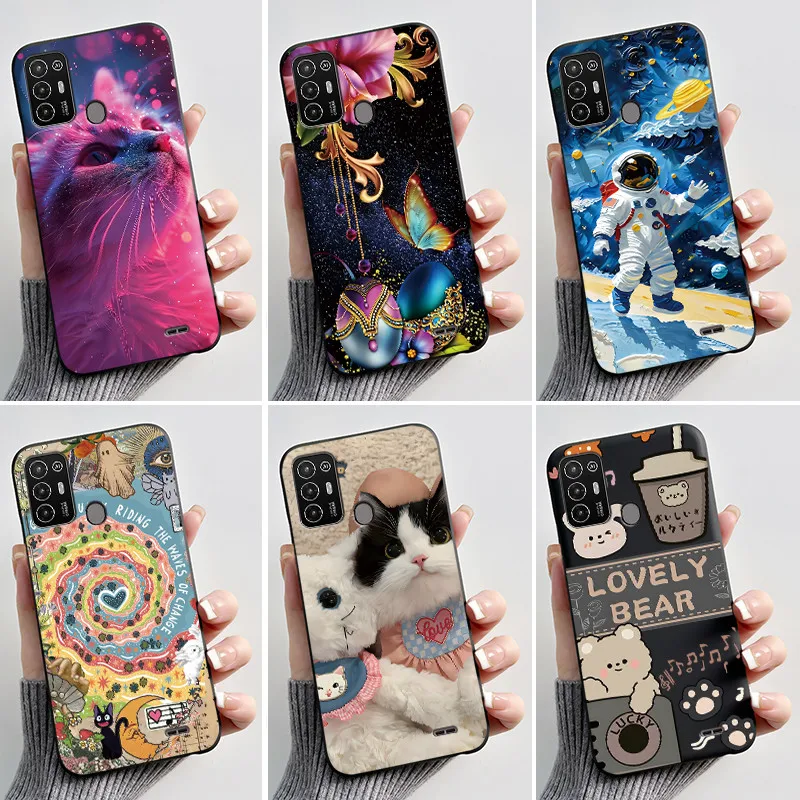 Funda para ZTE Blade A52 / A52 Lite, funda estética con diseño de gato astronauta, funda negra de silicona suave TPU, carcasa trasera con parachoques