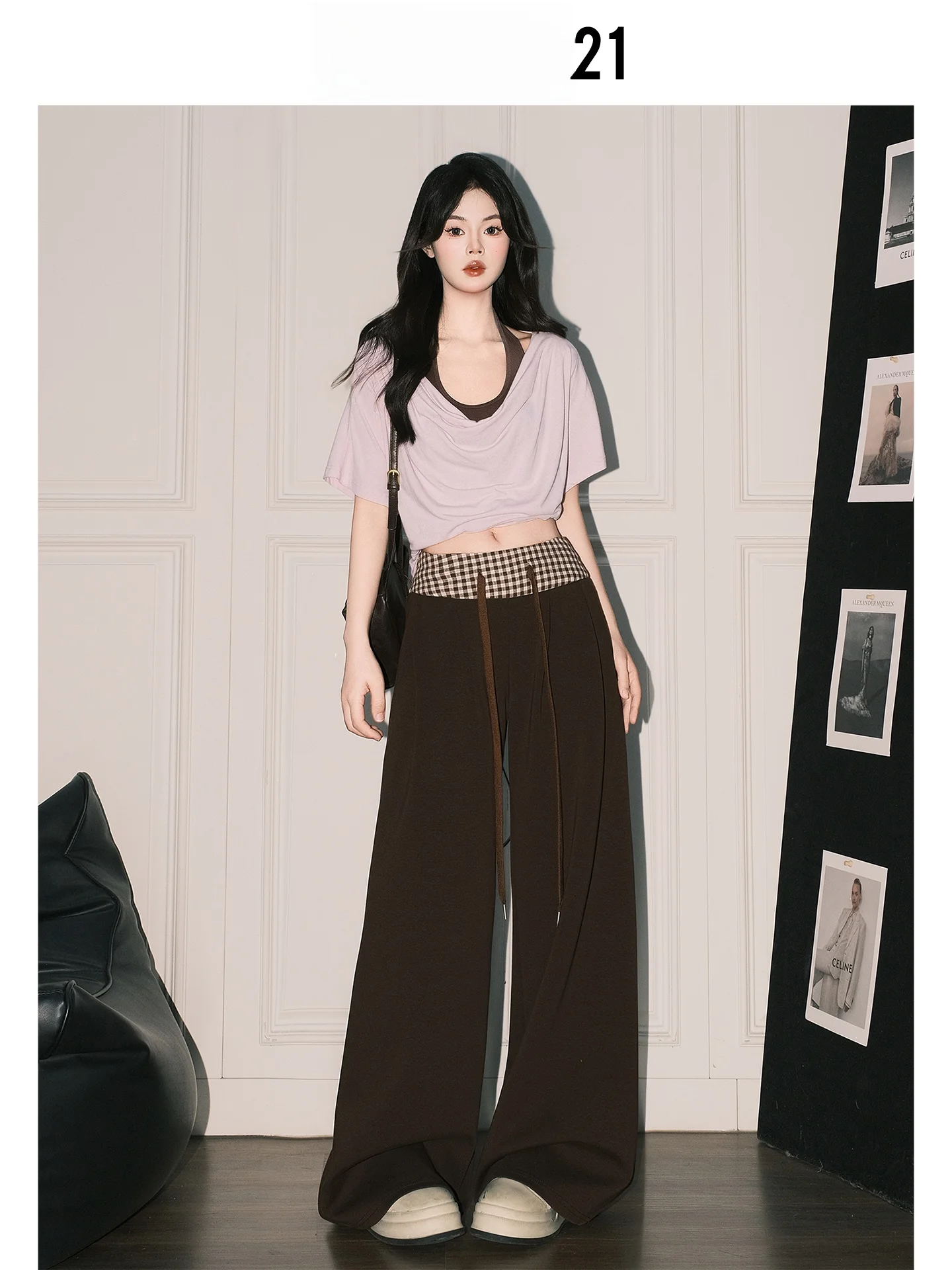 Pantalones casuales de cintura alta y pierna ancha para mujer, pantalones a cuadros holgados con cordón, estilo retro americano, pantalones rectos Forever 21