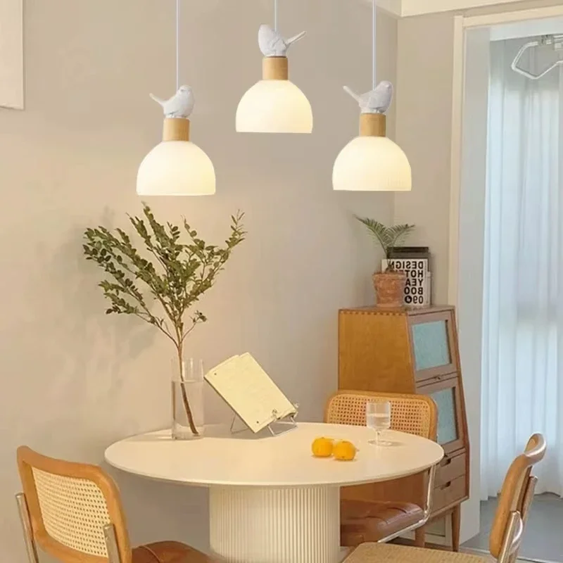 

Nordic Dining Room LED Pendant Lights Modern Simple Birds Decoration Wooden Glass Droplight Bar Restaurant Table Hanging Lamp